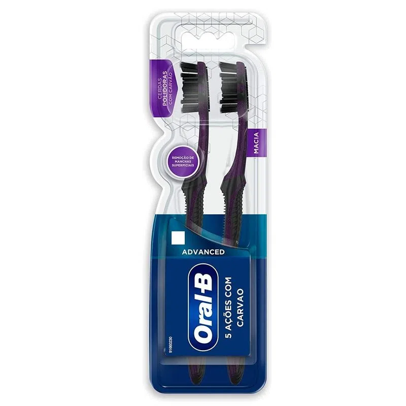 Escova Dental Oral-B 5 Ações Com Carvão Advanced Macia 2 Unidades